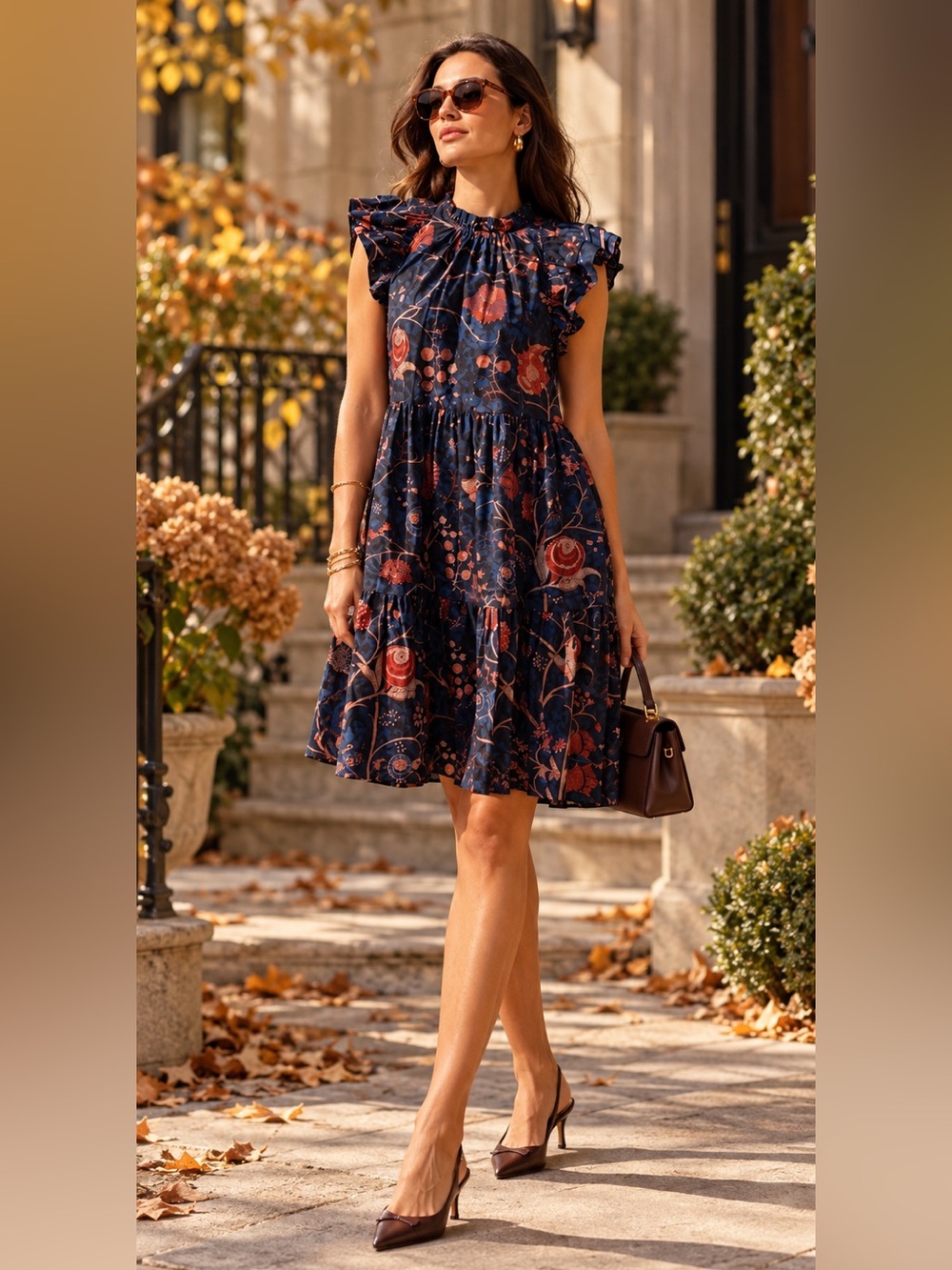 Ulla Johnson Midnight and Coral Floral Midi Dress